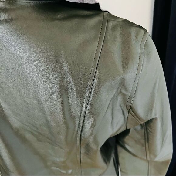 Tahari Faux Leather Moto Drape Wrap Jacket, Comfy Dark Green, Size Small, NWT - Picture 10 of 12